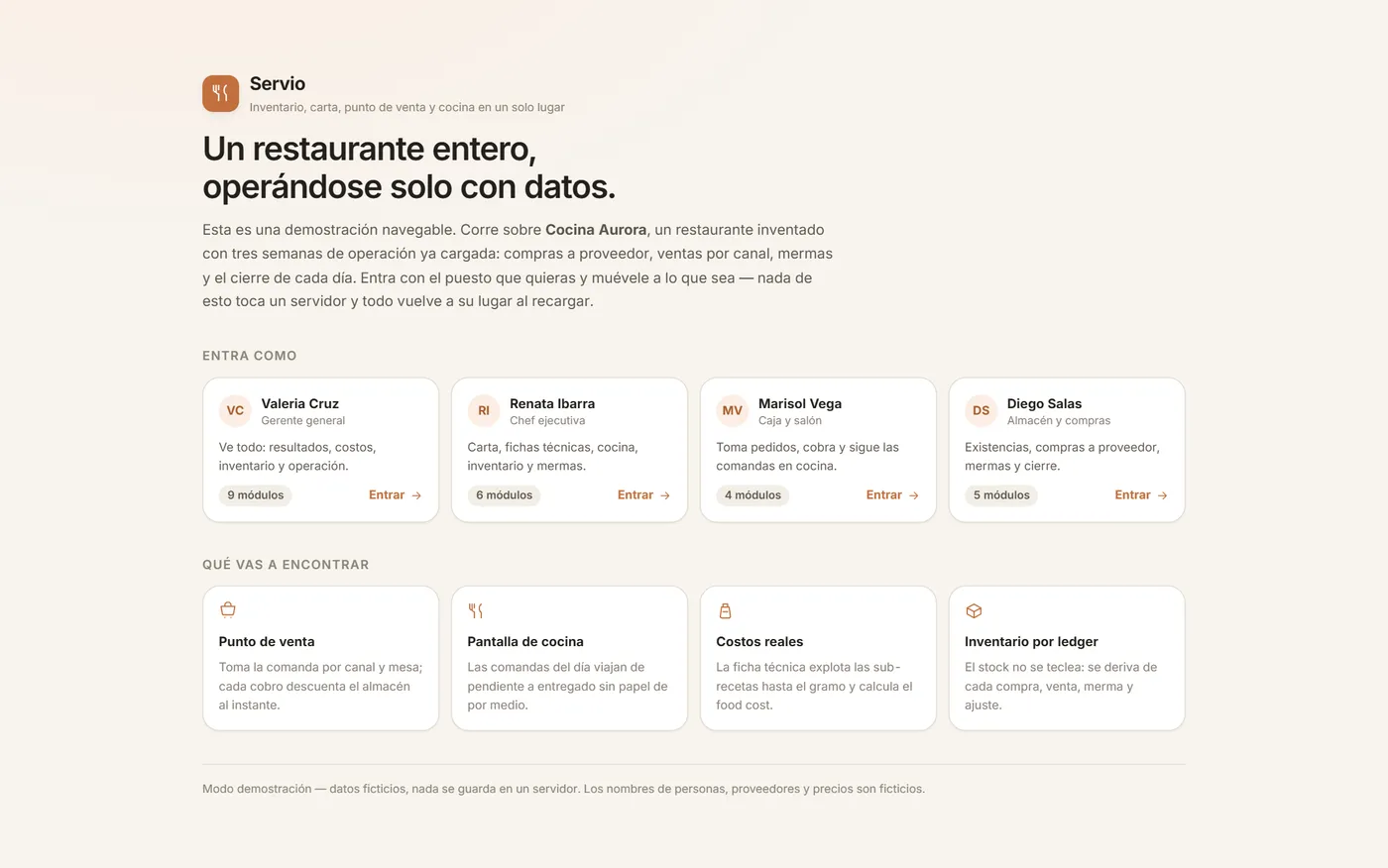 Servio's home page with the four roles: general manager, executive chef, front of house, and stock and purchasing.