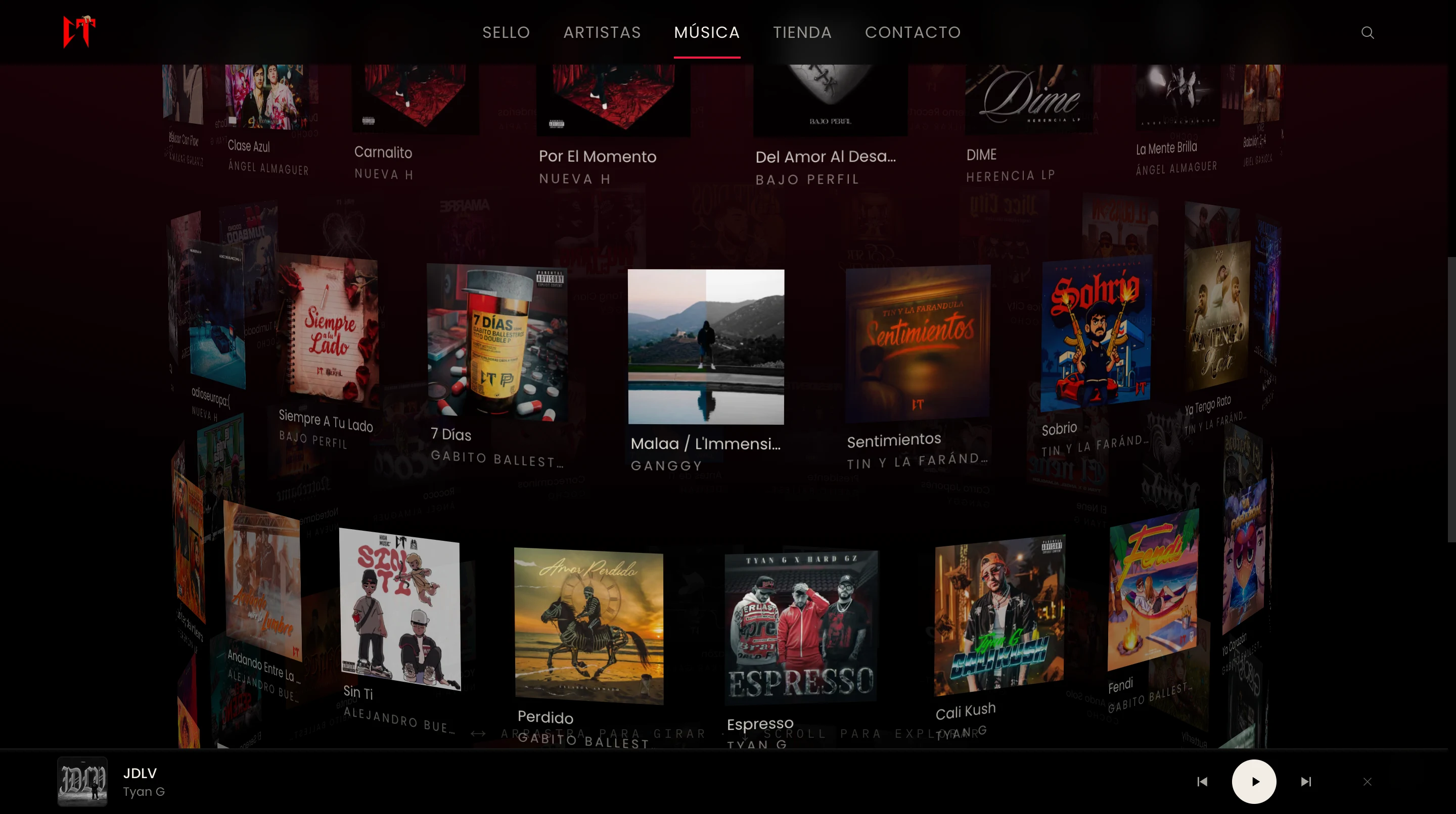Curved wall with the catalog covers and the player below