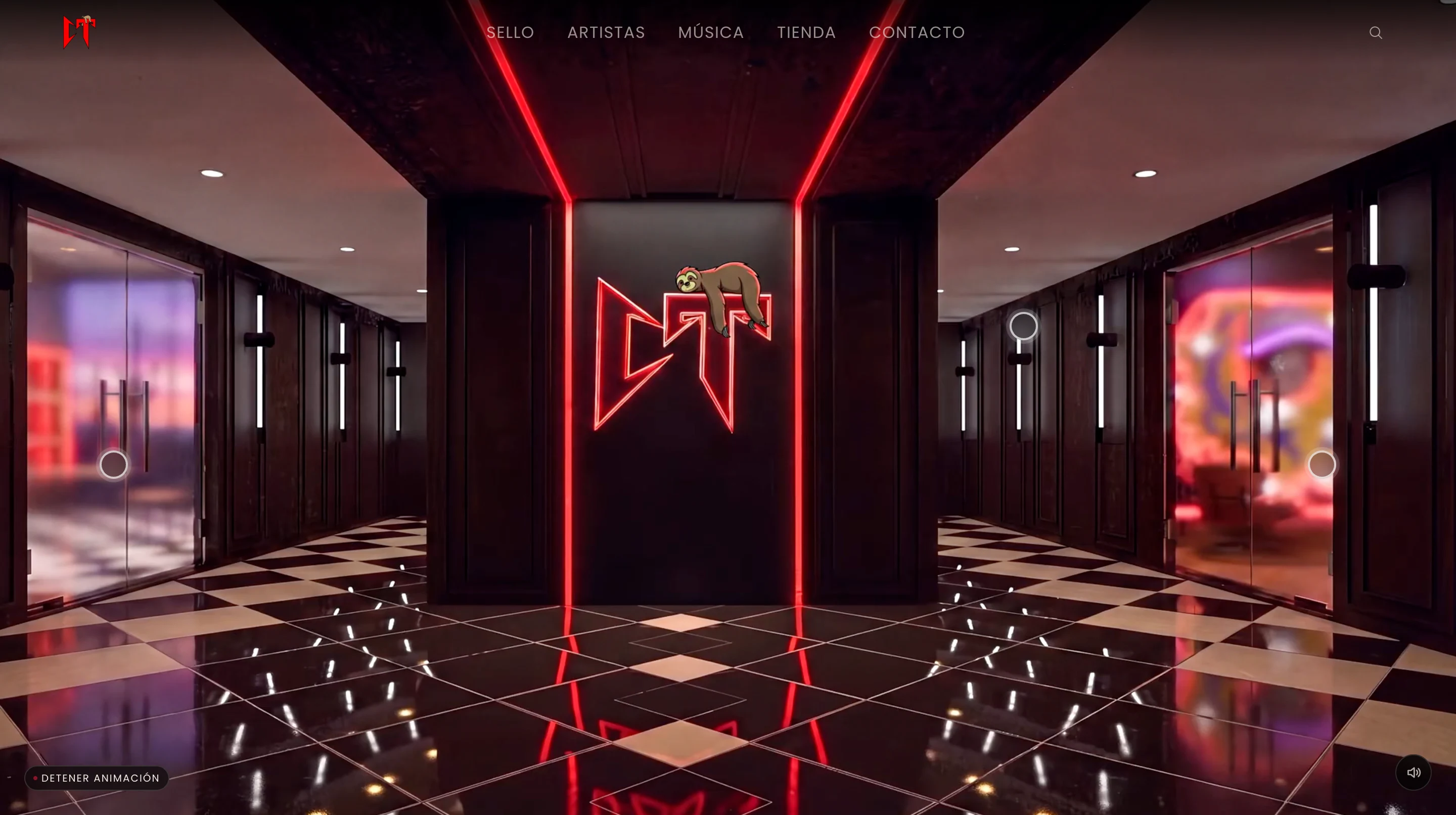 The building's lobby, with the label logo in neon at the back