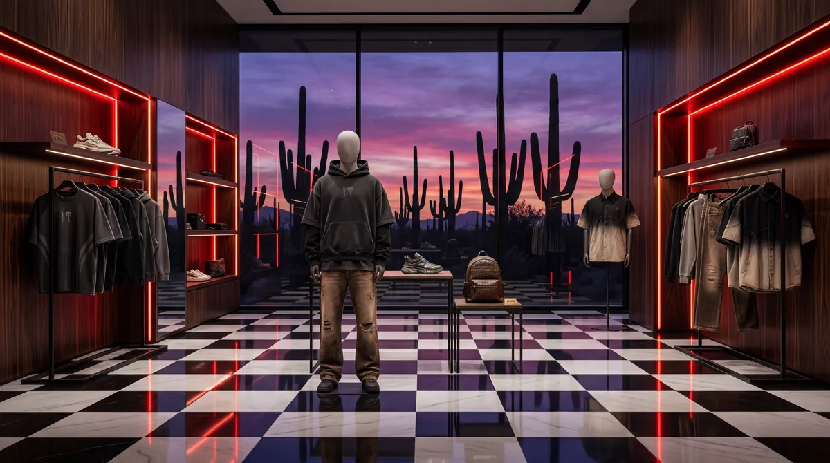 The virtual building's 3D store: clothing racks, mannequin and a window wall at dusk