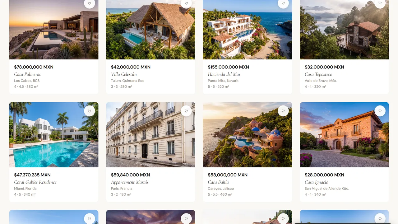 Property catalog with price, location and square meters